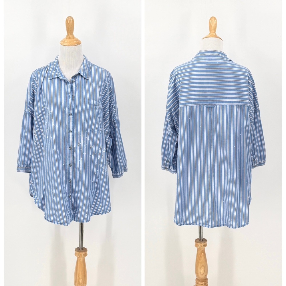 PILCRO The Bo Boyfriend Buttondown Women M L Blue Striped Paint Splatter Shirt - Picture 4 of 16